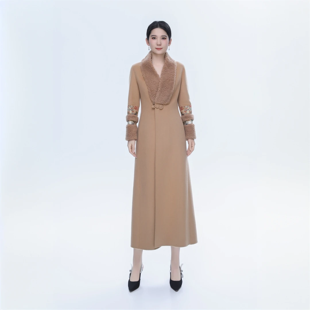 中式国风绵羊毛气质高贵轻奢长款瑞海游龙交领大衣黑色--20D1155