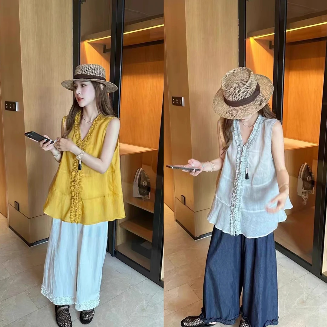 608-1夏季新款韩版气质V领木耳边纯色宽松百搭无袖背心显瘦上衣