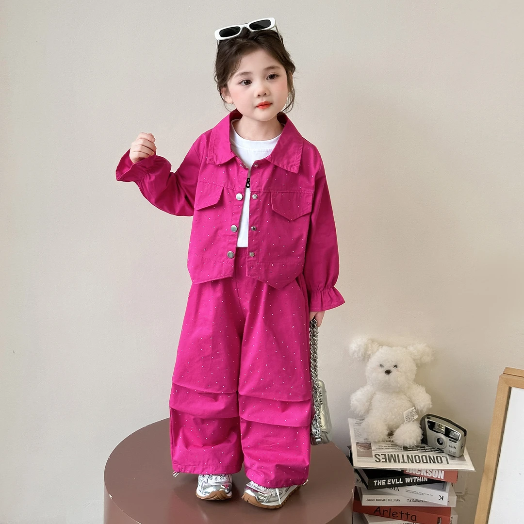 女童洋气工装套装2025新款儿童春秋季单排扣休闲两件套烫钻外套