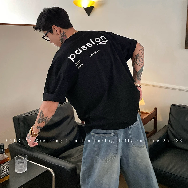 OXFREAK 「字母标语 赛道印花」300G纯棉重磅短袖t恤男夏季五分袖
