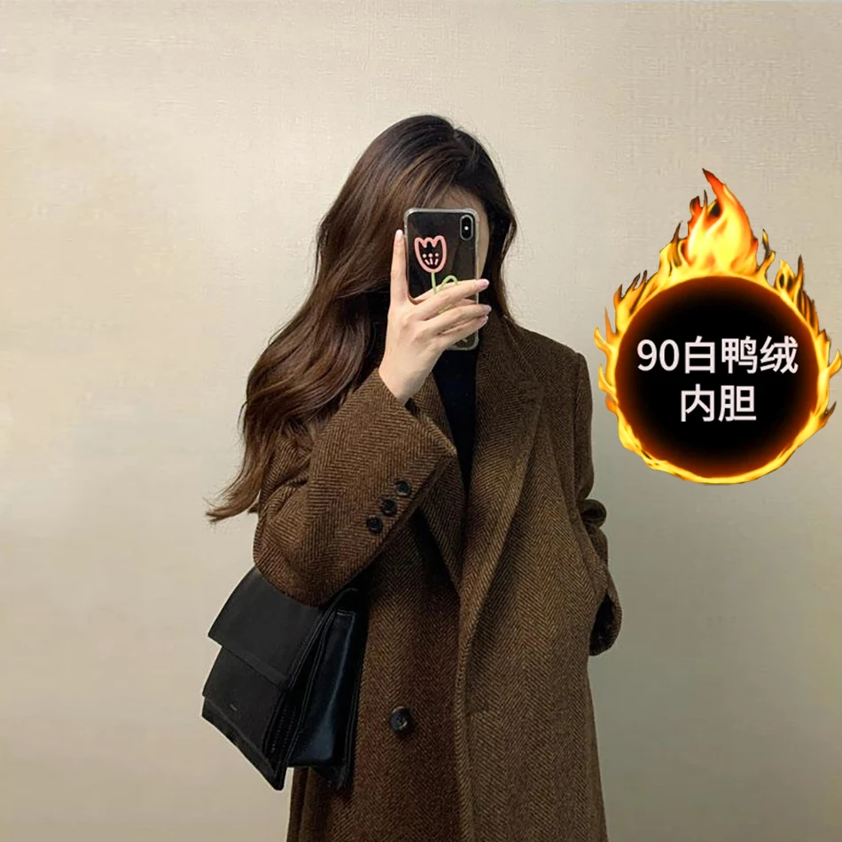 2025冬季羽绒服内胆人字纹毛呢外套女高档潮流加厚高级感呢子大衣