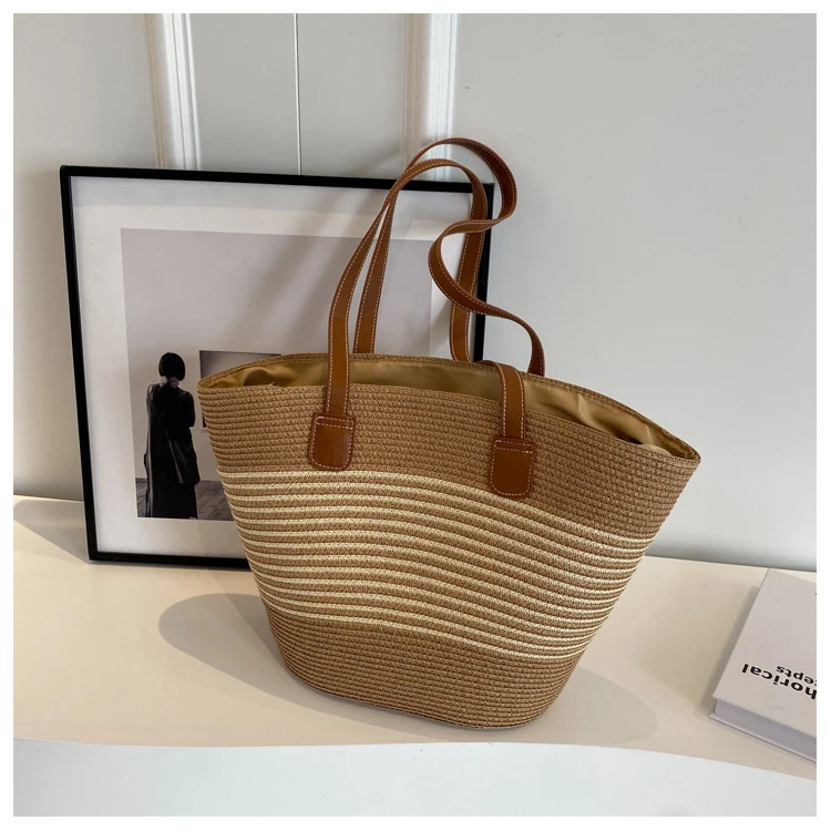 撞色编织包包女2024新款法式森系单肩包复古菜篮包休闲度假沙滩包