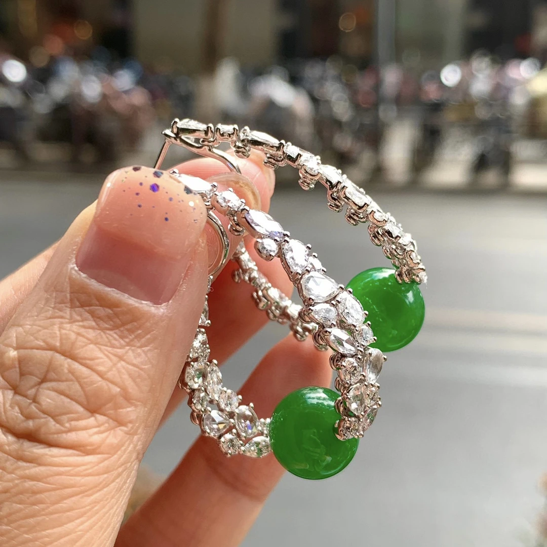 【禾璟缘】18K金南非钻精工镶嵌缅甸翡翠A货高冰种珠珠耳坠