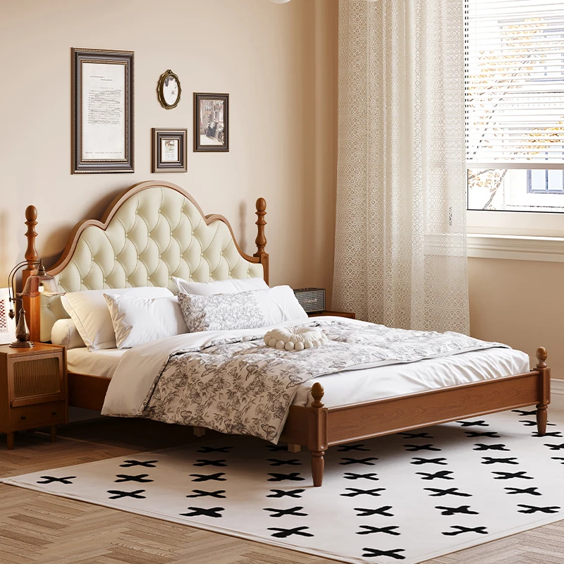 LDAD法式中古实木床真皮软包床主卧大床双人床软靠床复古樱桃木床
