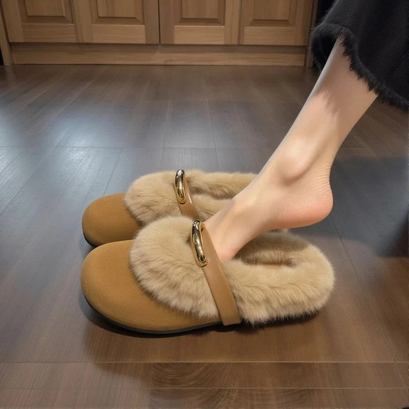 水貂绒包头半拖鞋女外穿2025新款秋冬美拉德一字带加绒防滑棉拖鞋