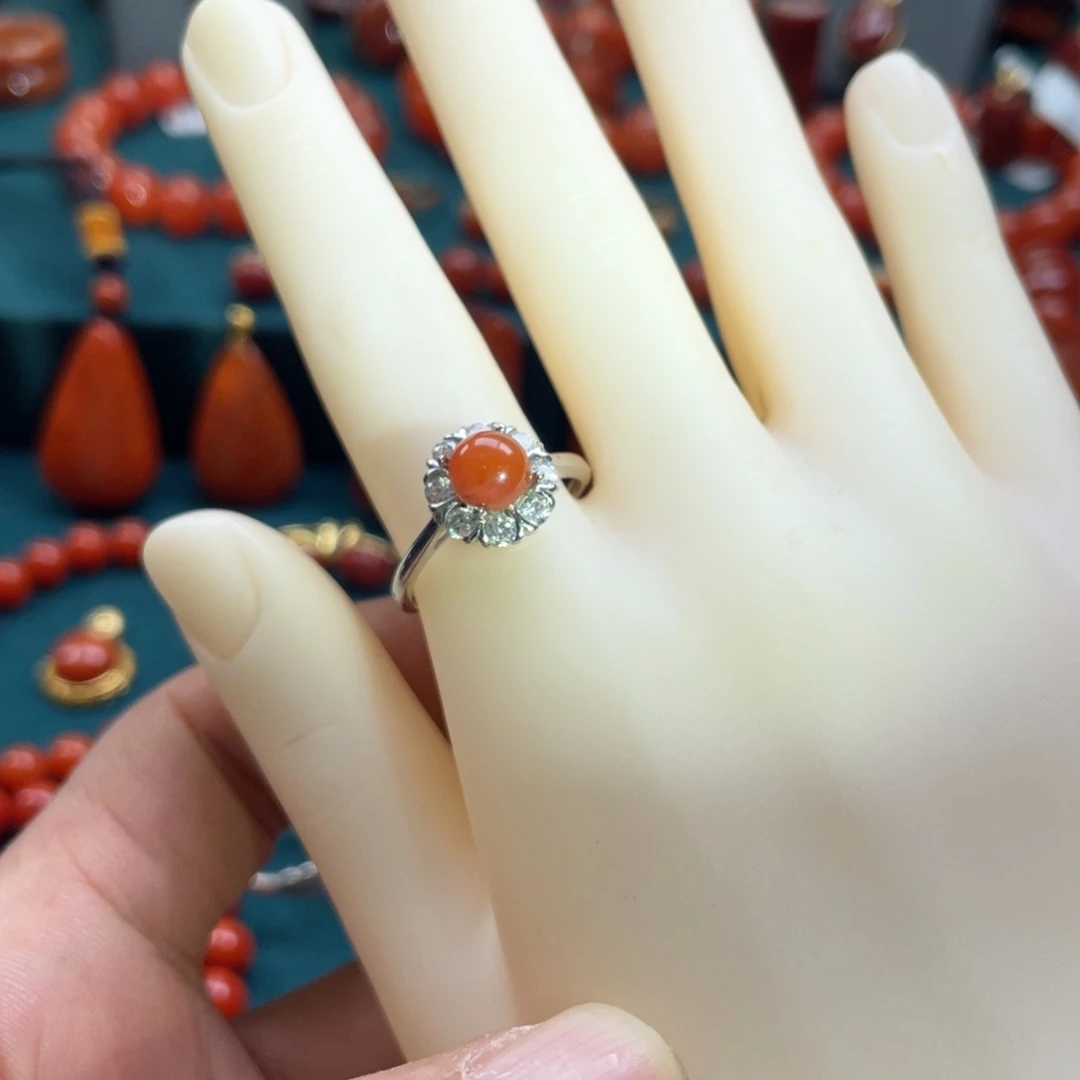 南红玛瑙银S925镶嵌川料南红火焰纹戒指