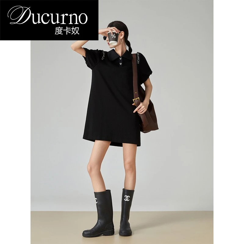 黑色高级感polo领连衣裙女2025夏季新款宽松韩系慵懒风休闲裙子潮