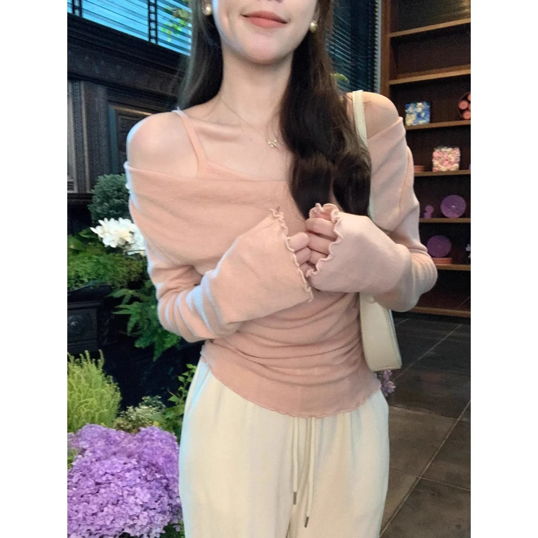 纯欲风简约设计感假两件针织上衣女春季时髦百搭显瘦吊带T恤毛衣