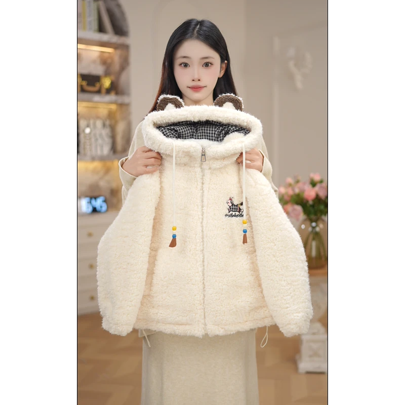 女童羔糕绒卫衣冬季连帽2025新款女孩加绒加厚保暖毛毛衣外套7971