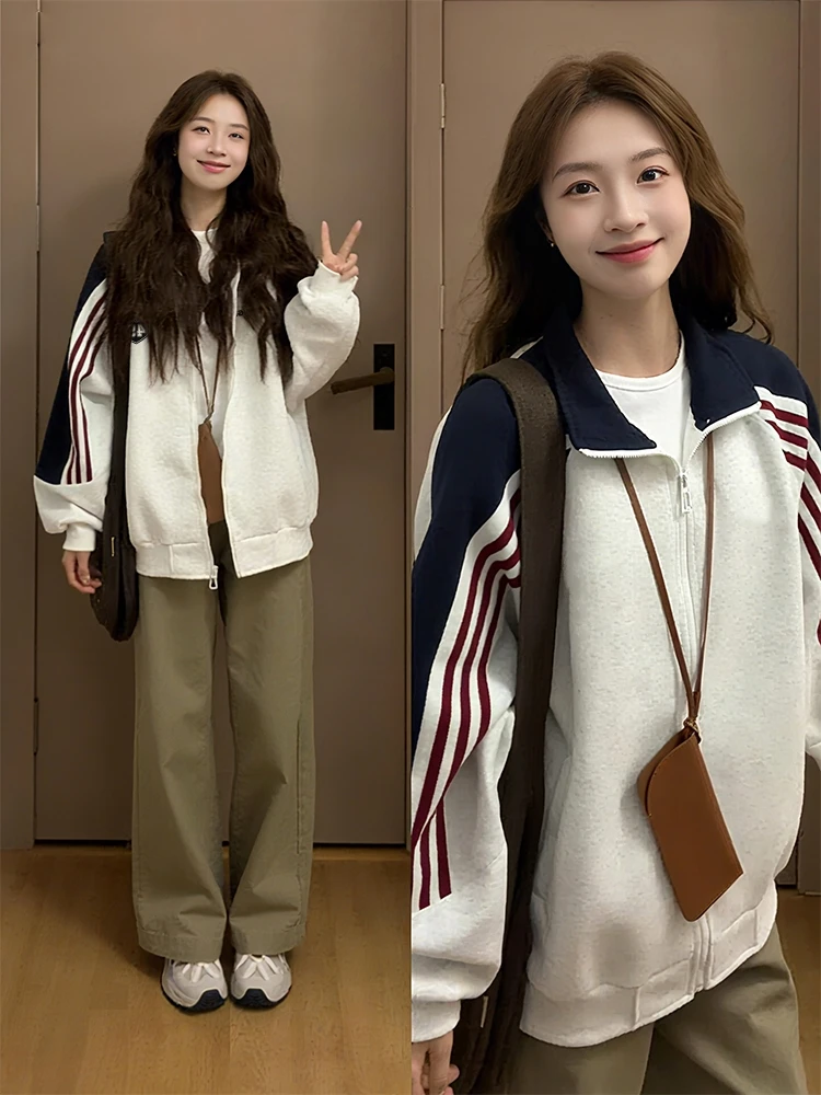 华棉复古撞色拉链外套女春秋薄款宽松小个子慵懒风棒球服开衫卫衣