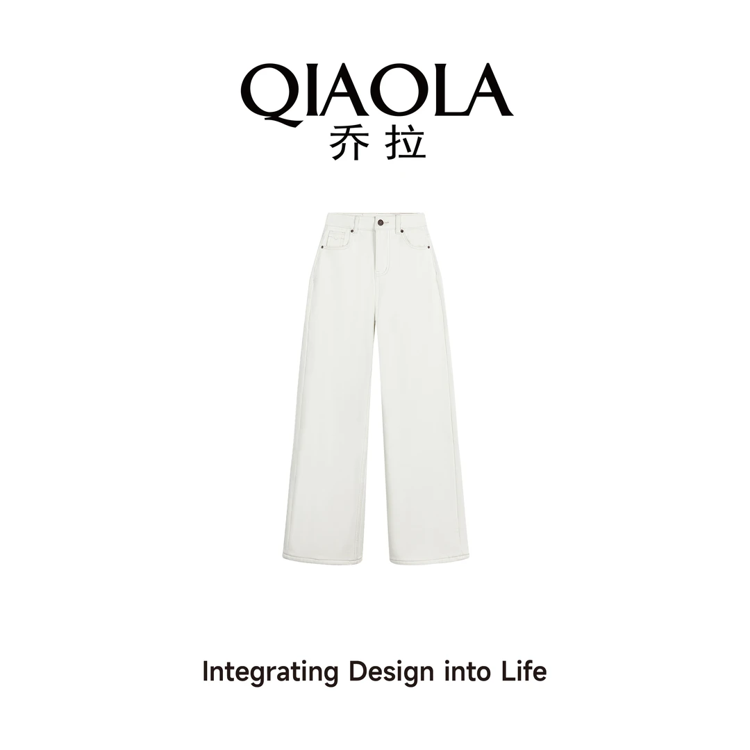 QIAOLA/乔拉【甜橙气泡】秋冬季牛仔加绒百搭显瘦休闲直筒长裤预售