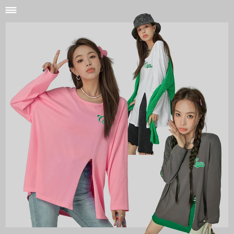 3316【金拐子专属】CHUU纯色简约长袖宽松上衣洋气开叉T恤-F