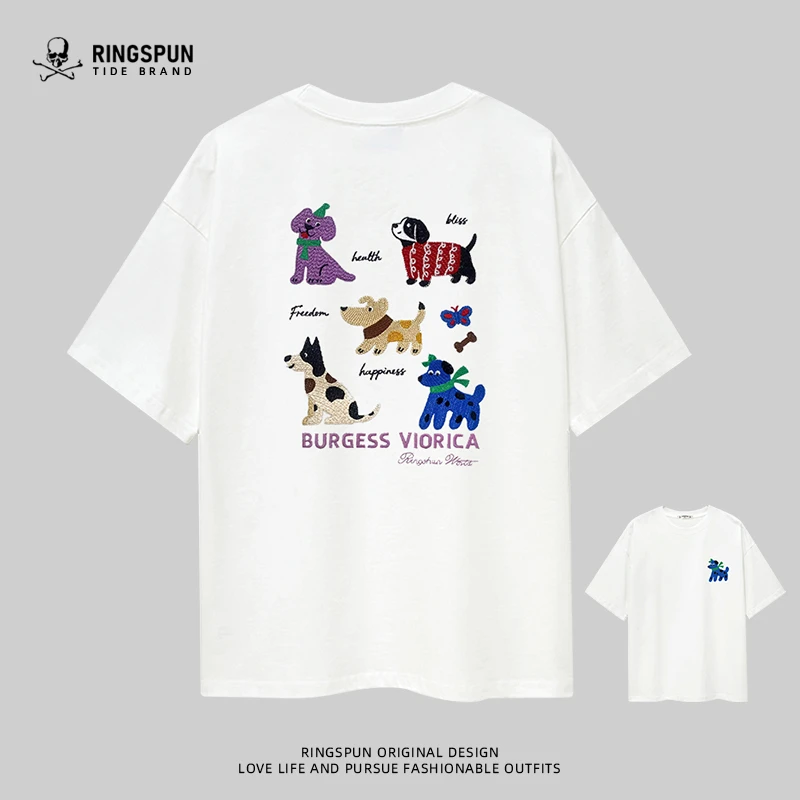 RINGSPUN【六只狗】男女同款纯棉刺绣短袖t恤夏季潮牌圆领宽松半袖t