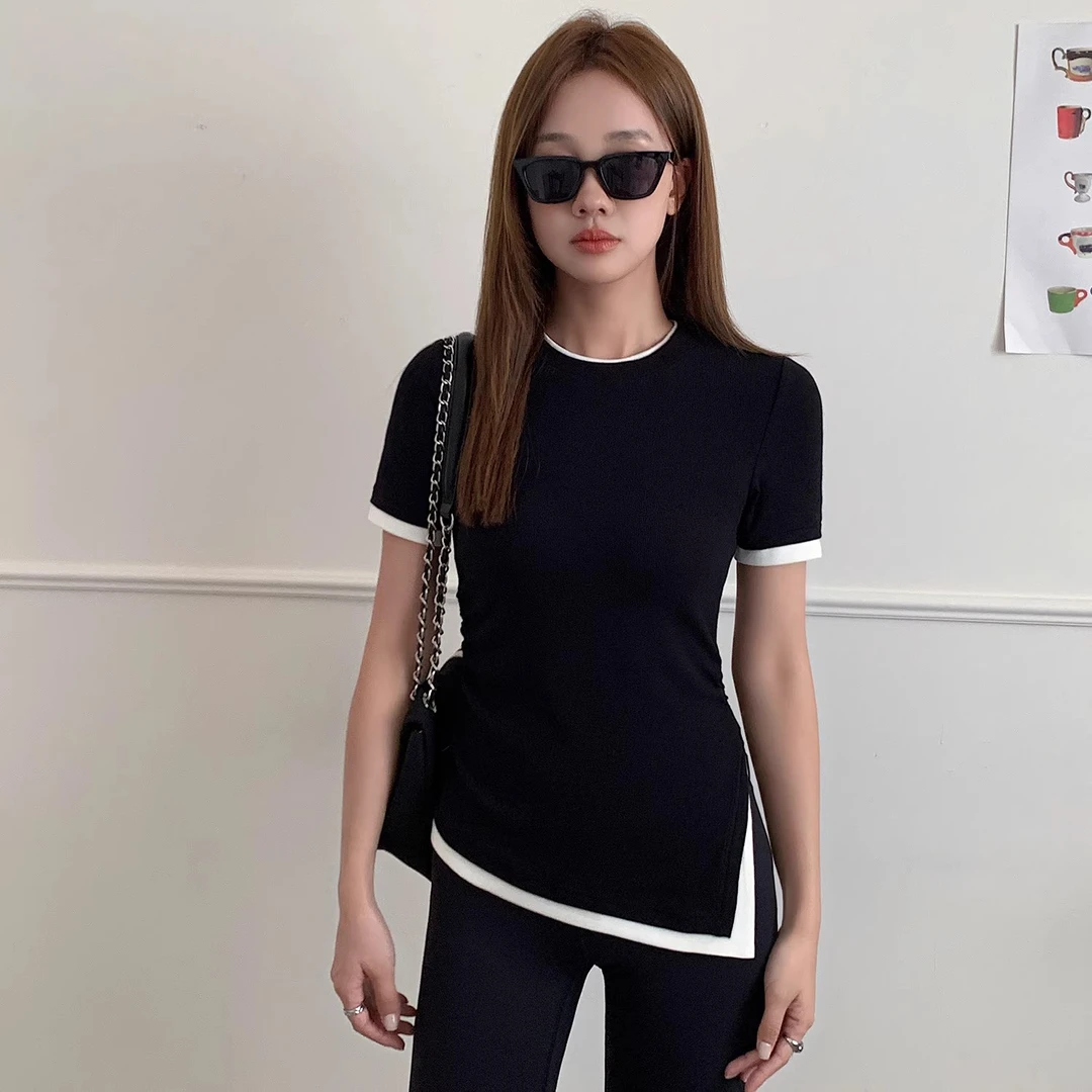 【月月专属】早秋撞色正肩螺纹短袖t恤外穿显瘦假两件气质女装上衣