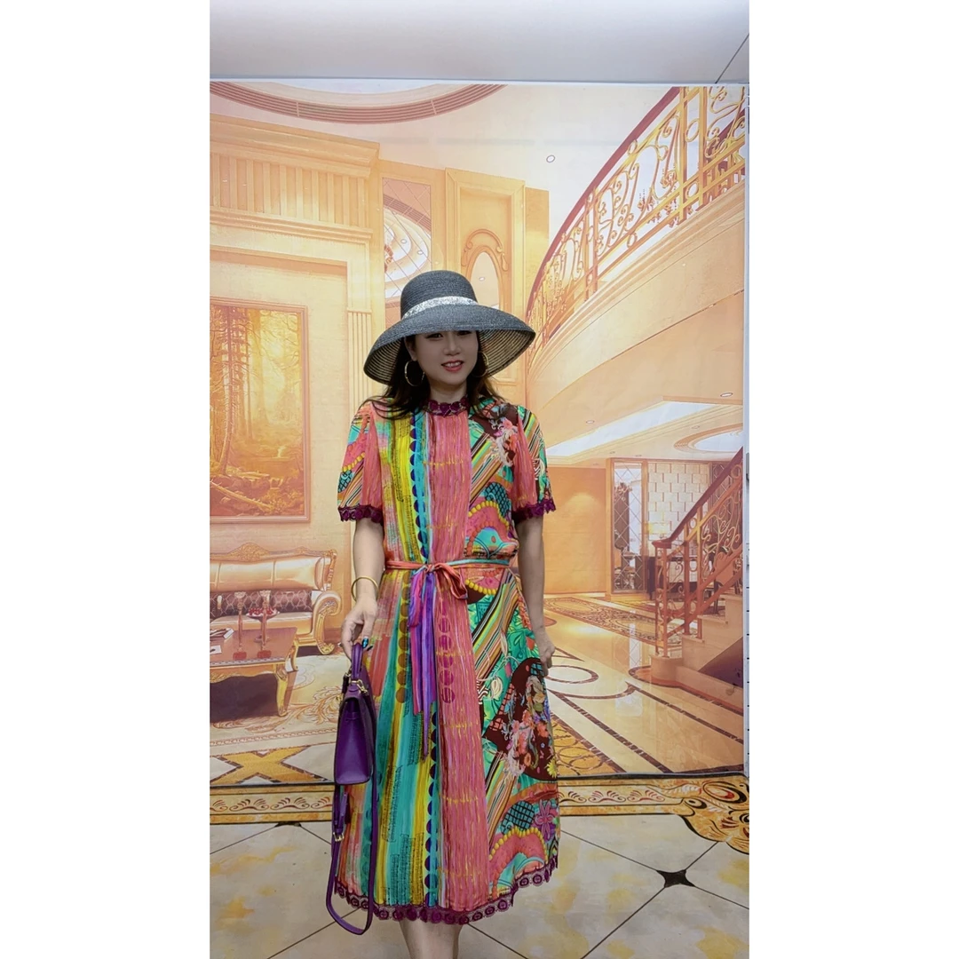 1061夏季名媛气质印花桑蚕丝时尚休闲连衣裙