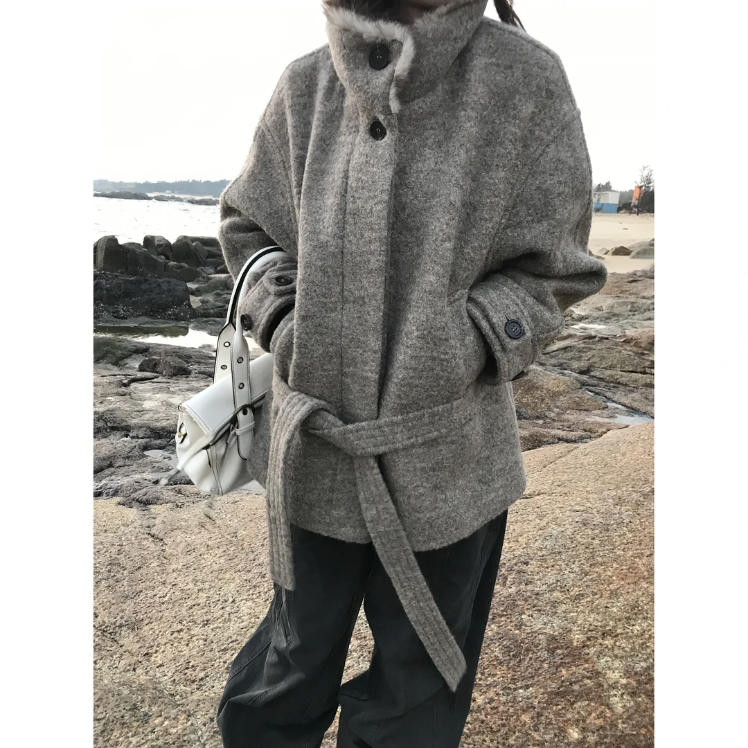 JYZ SEASON.70羊毛保暖大衣长袖冬季毛呢外套立领慵懒风复古杂色