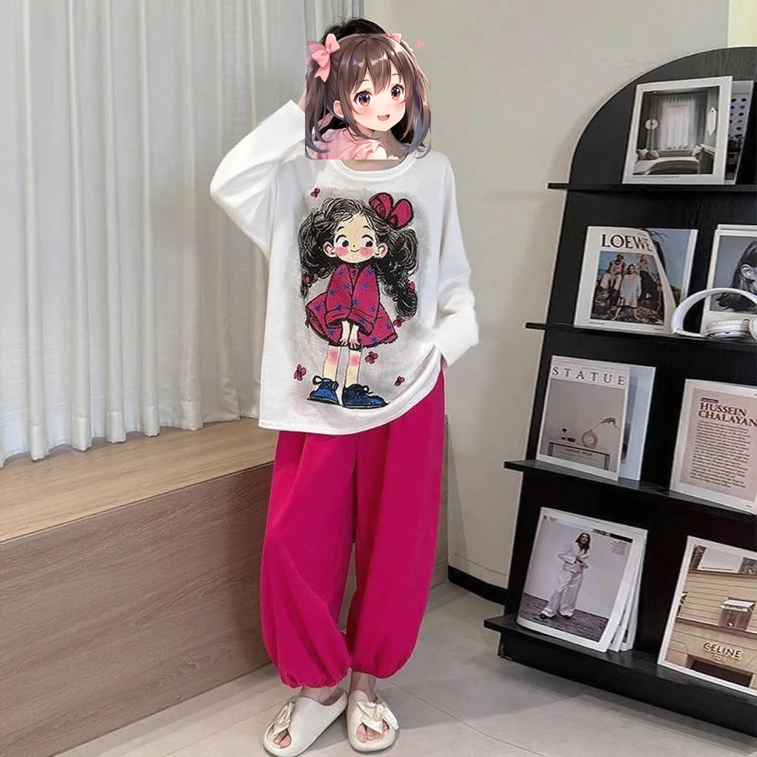 自带胸垫睡衣女秋冬卡通潮流长袖长裤时尚百搭休闲舒适家居服套装