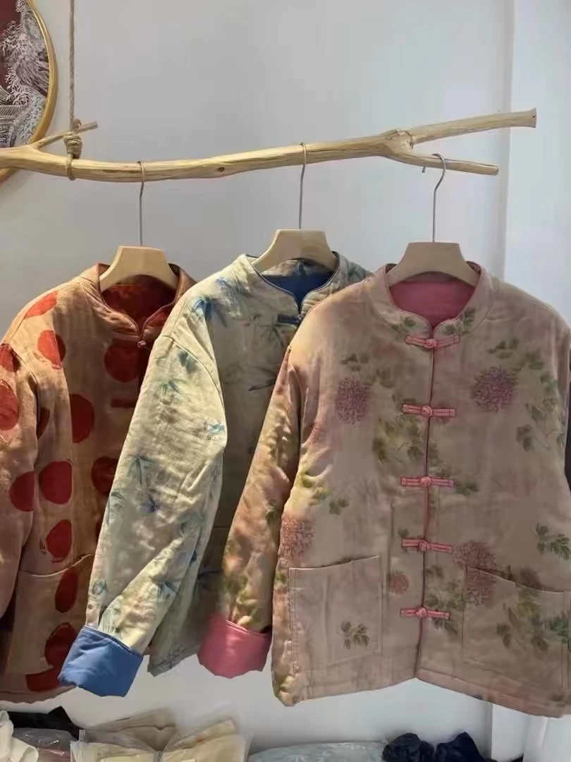 棉服花色唐装树脂固色加绒厚款盘扣保暖印花女棉衣