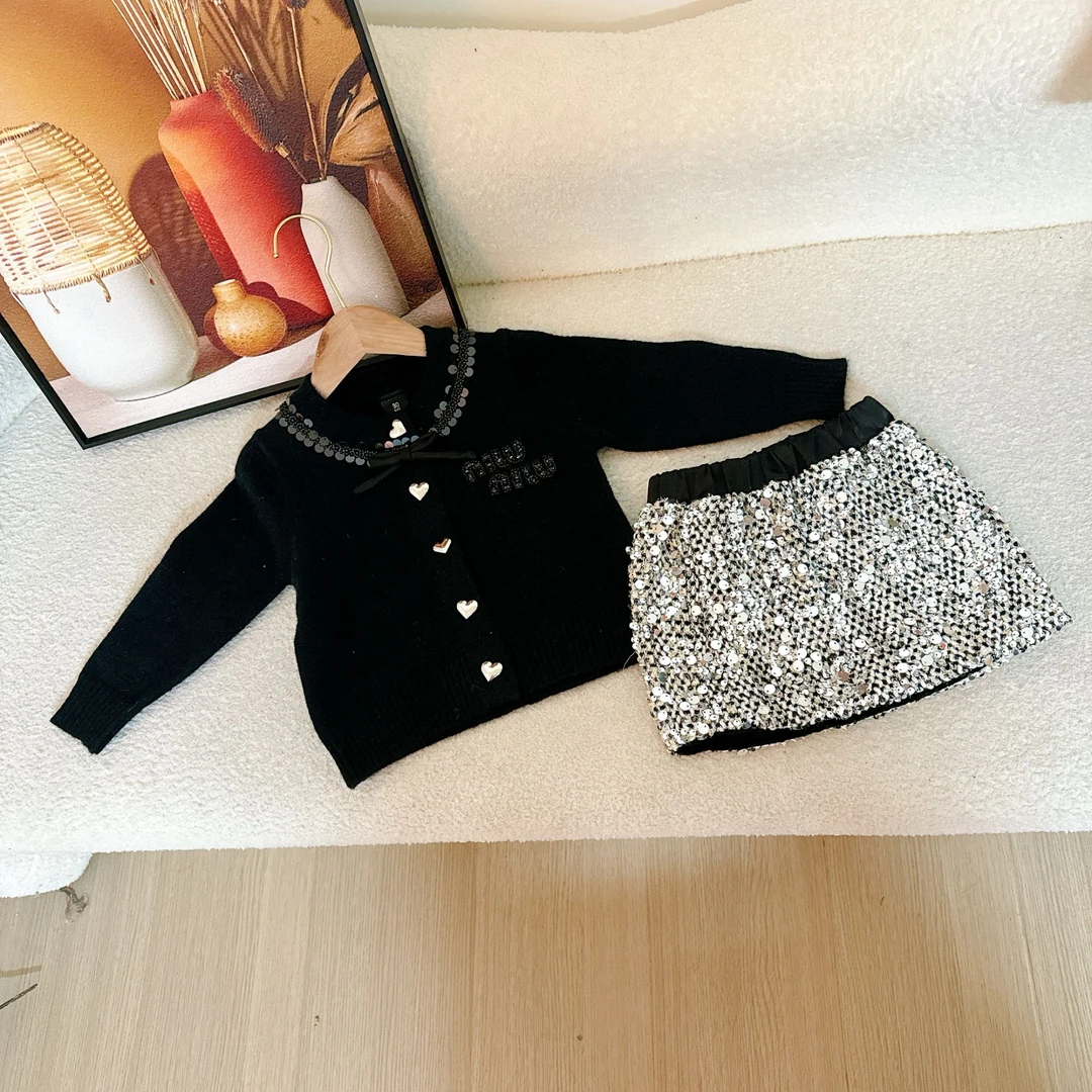 女童新款2025春季设计感时髦上衣时尚亮片百褶裙套装4Q0954Q096