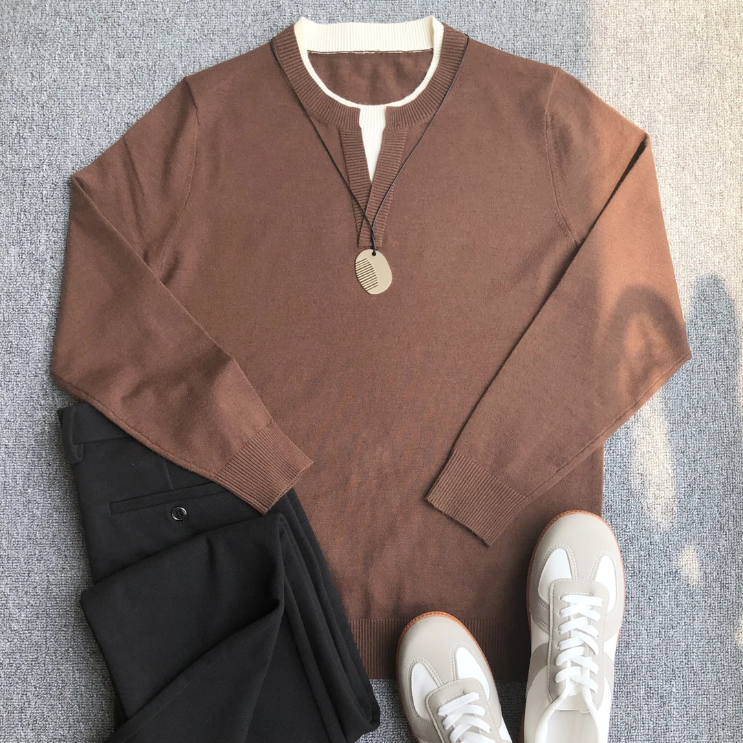 老钱风假两件针织衫男休闲轻奢百搭毛衣圆领时尚羊毛衫上衣340克