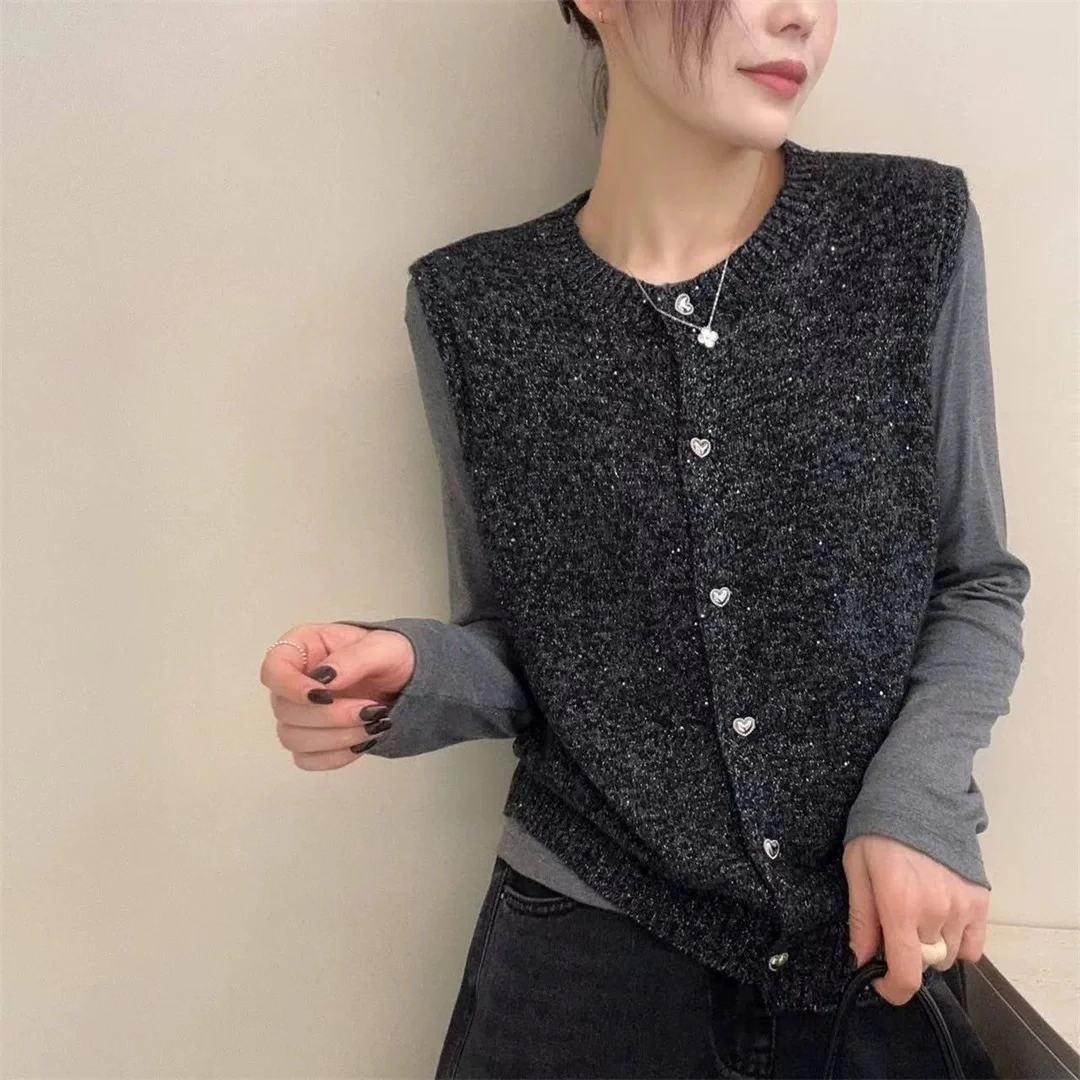 【爱心亮片开衫】新款高级感韩版针织马甲亮片外穿叠穿坎肩