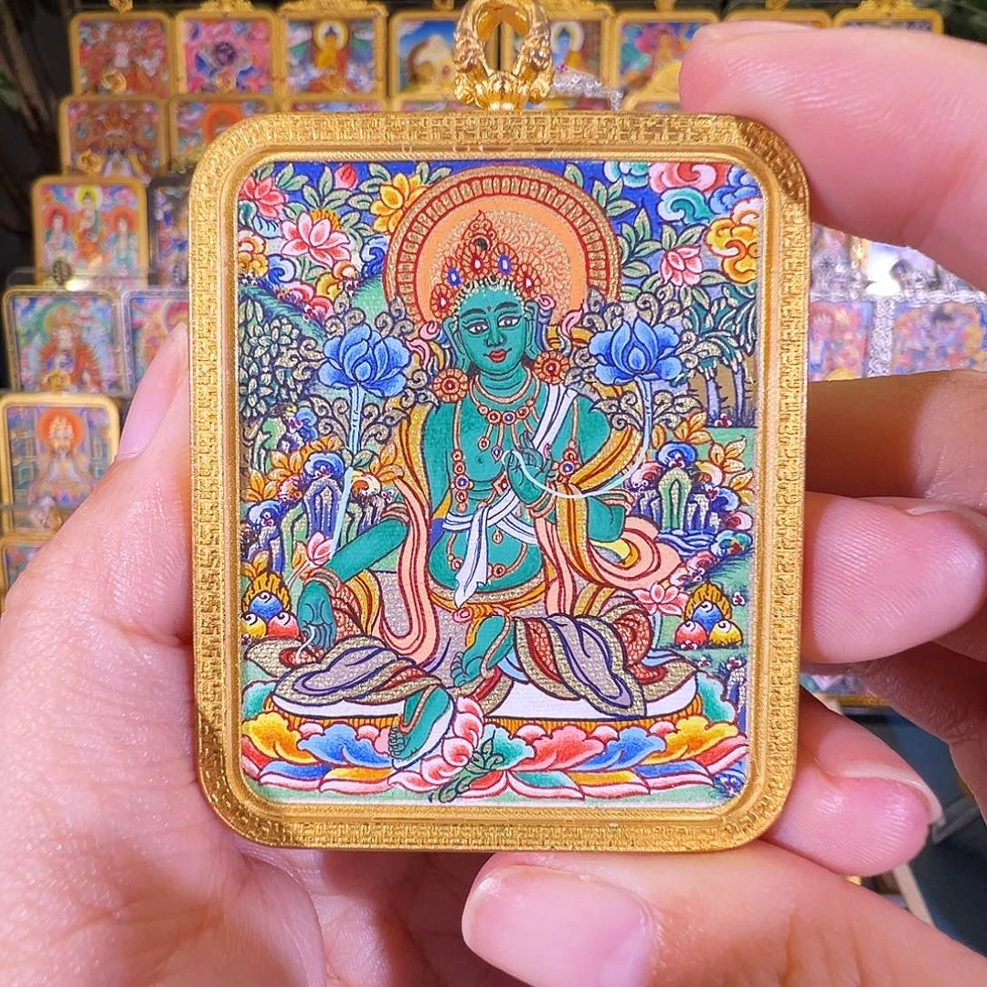 吊坠 绿度母热贡纯手绘唐卡