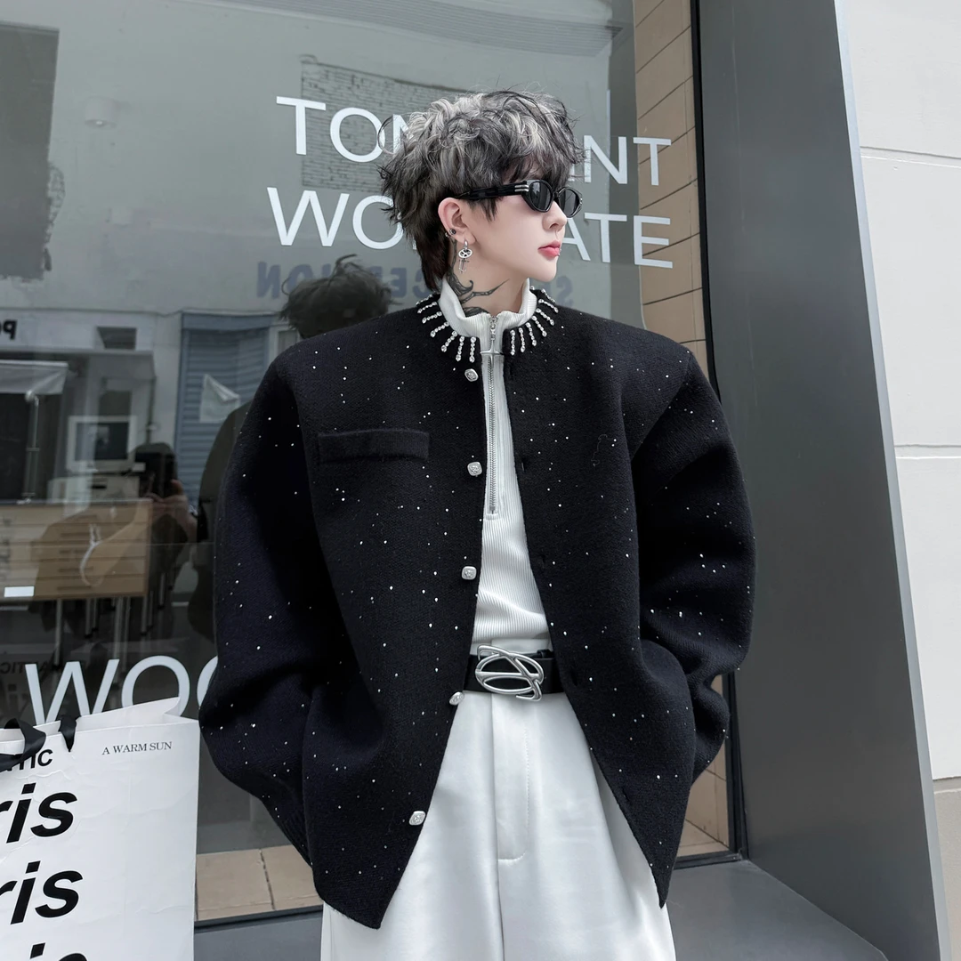 冬装高级感满天星亮片针织开衫外套男小众钉珠装饰小香风垫肩毛衣