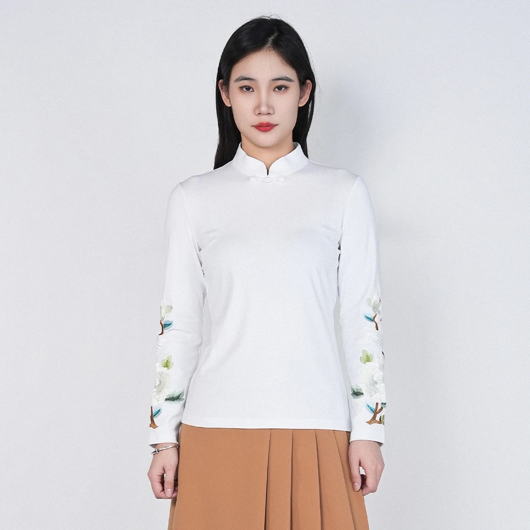 浒城古娘中式国风时尚休闲百搭气质修身绣花长袖香蜜T恤-22A18228