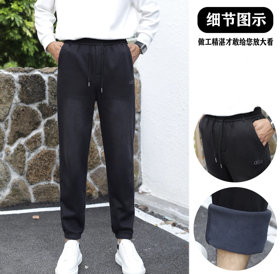 冬季保暖刺绣标水洗加绒黑色休闲束脚卫裤大码加厚宽松