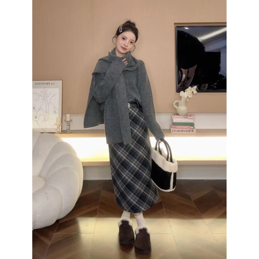 【OYANXI！清清！】毛呢裙时尚百搭中长款加厚格子秋冬238043-1