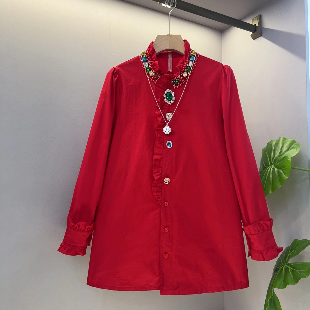 胖MM重工彩钻工艺不规则气质百搭时尚衬衫