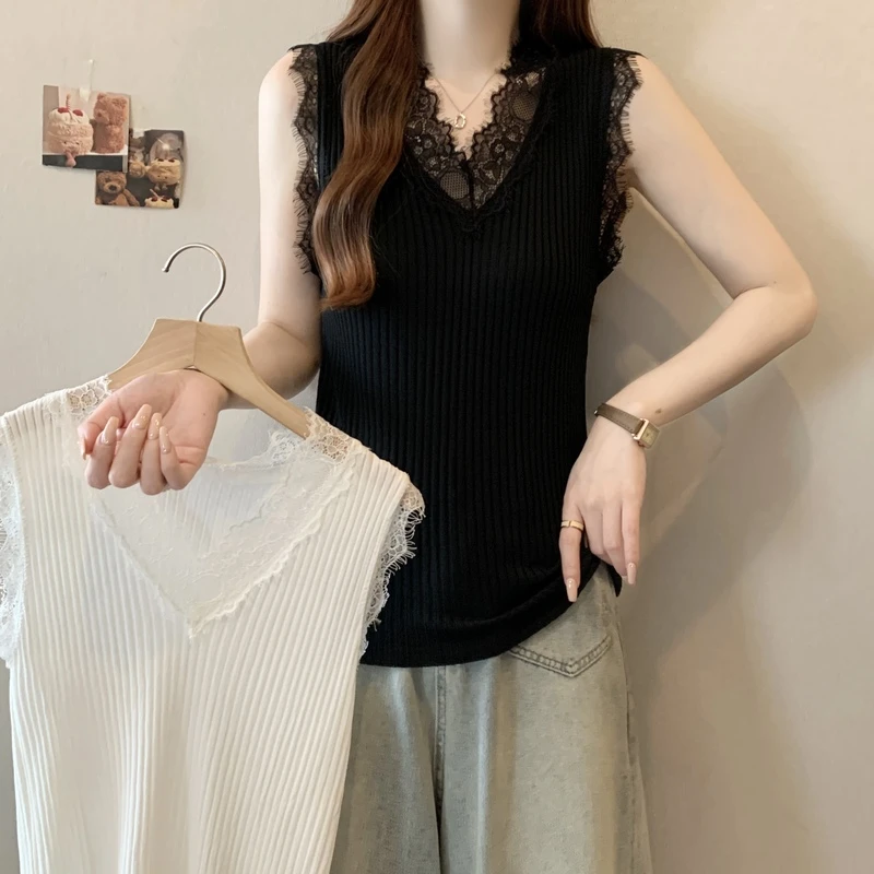 蕾丝拼接V领针织吊带背心女外穿夏季大码微胖mm修身打底上衣