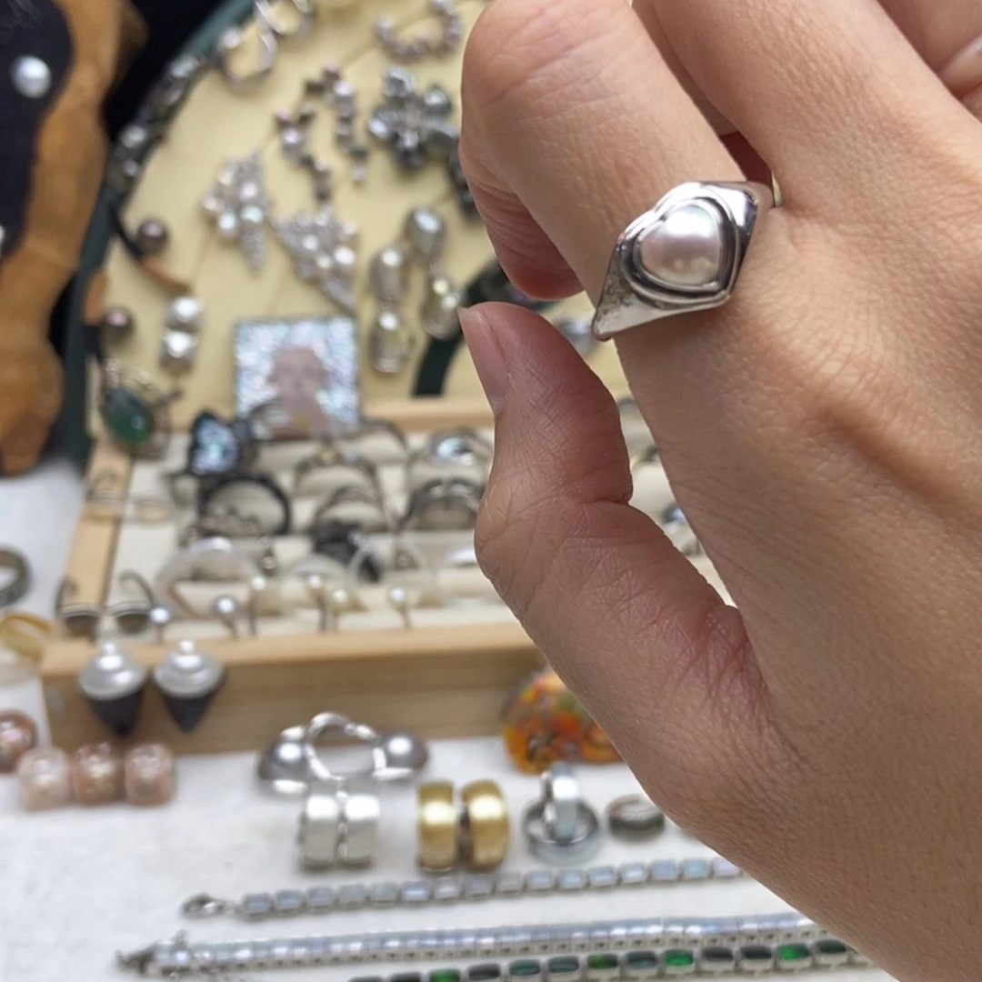 银S925镶嵌画框淡水珍珠爱心戒指