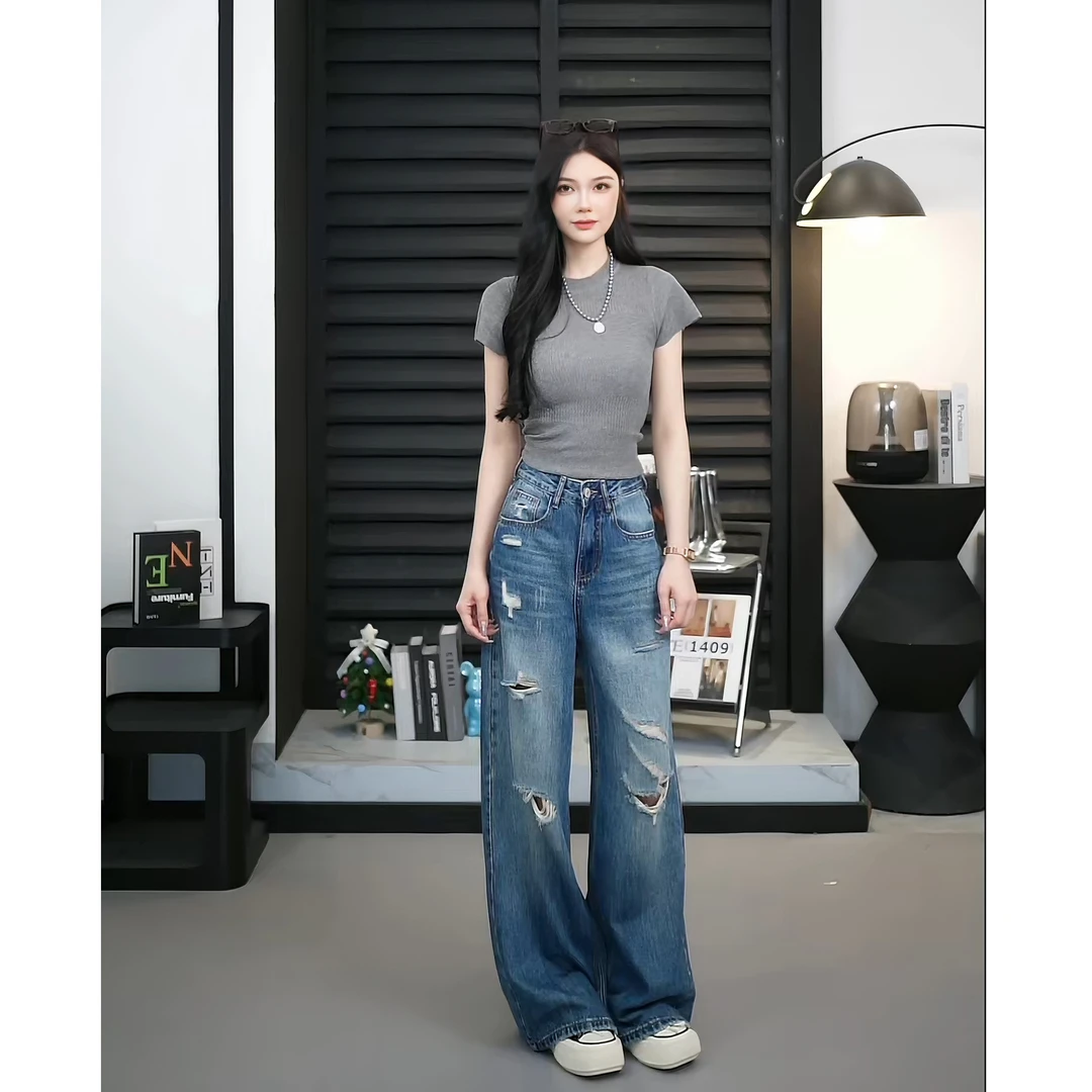 【TO&HR.GIRL】Z77073-蓝色莱赛尔破洞牛仔裤女水洗直筒阔腿拖地裤