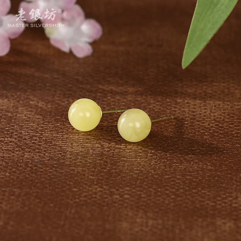 【老银坊】s925银7mm蜜蜡珠耳钉 0011533