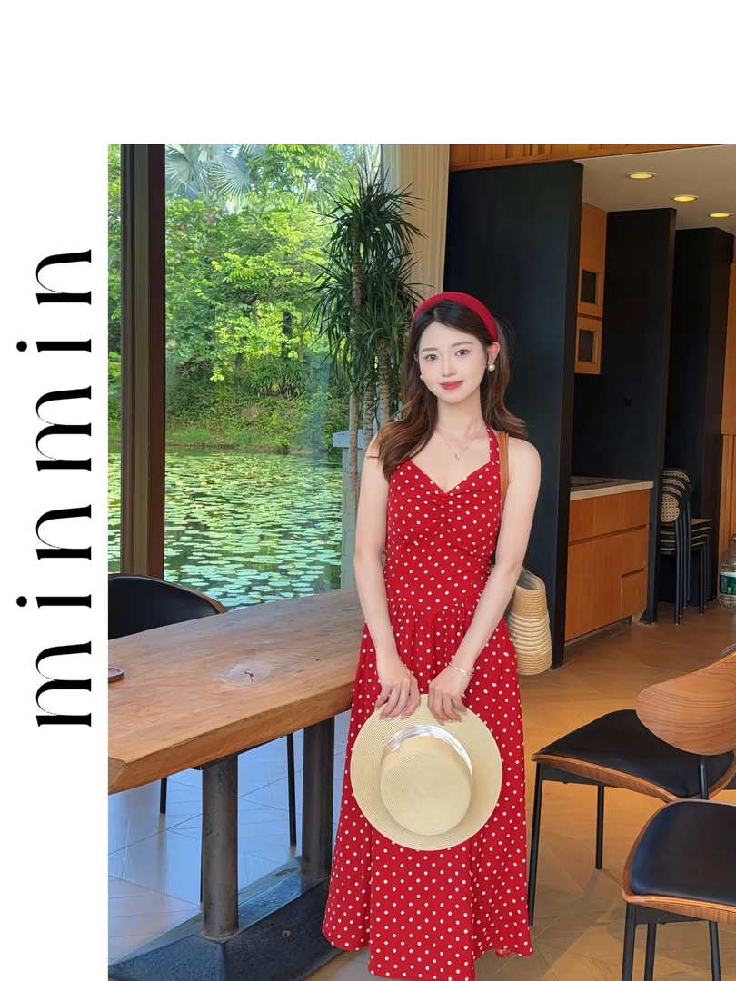 【Minmin】夏季高腰性感V领挂脖裙法式小个子波点连衣裙11086