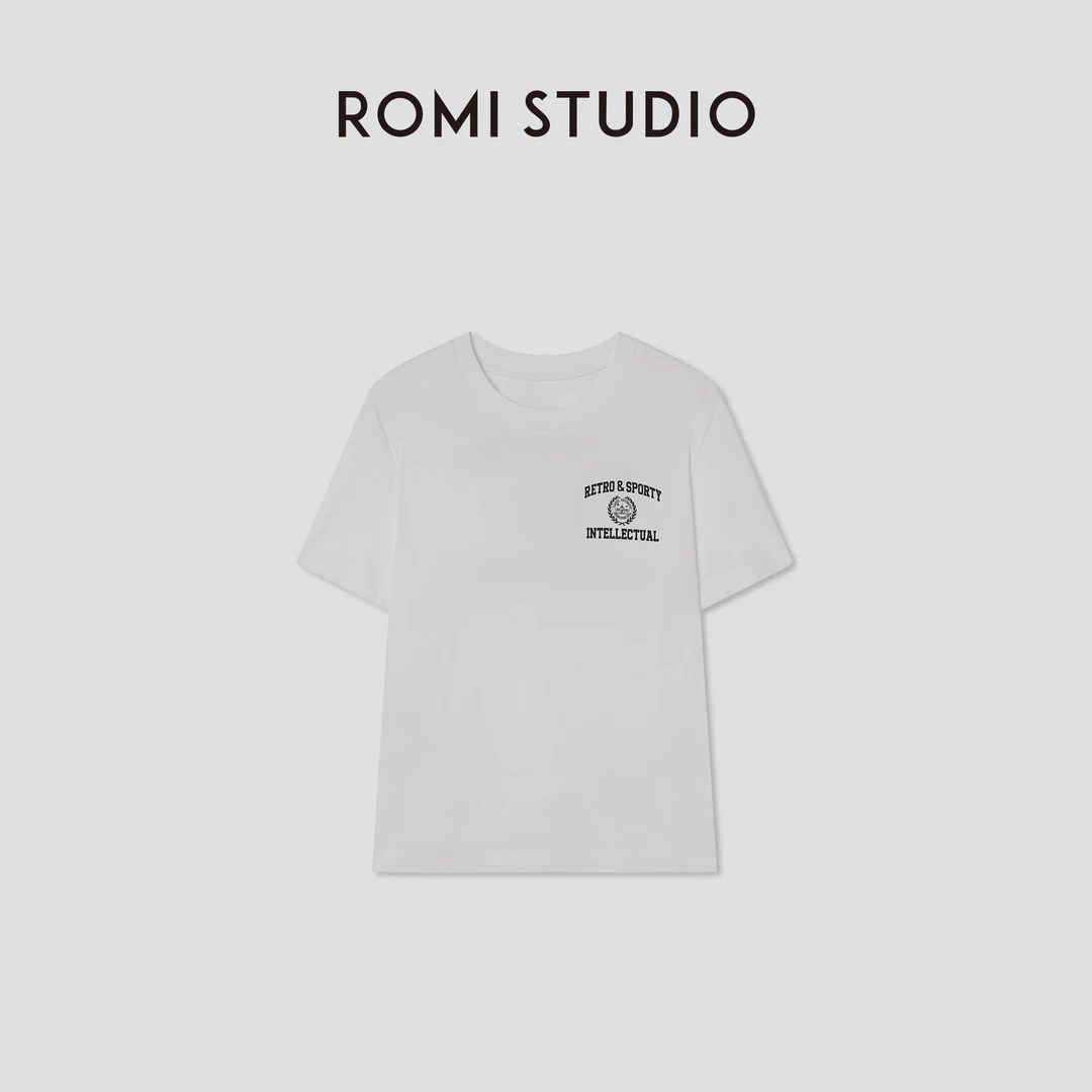 ROMI STUDIO“美式复古”100%棉学院风印花圆领短袖T恤 RW25RSX0132