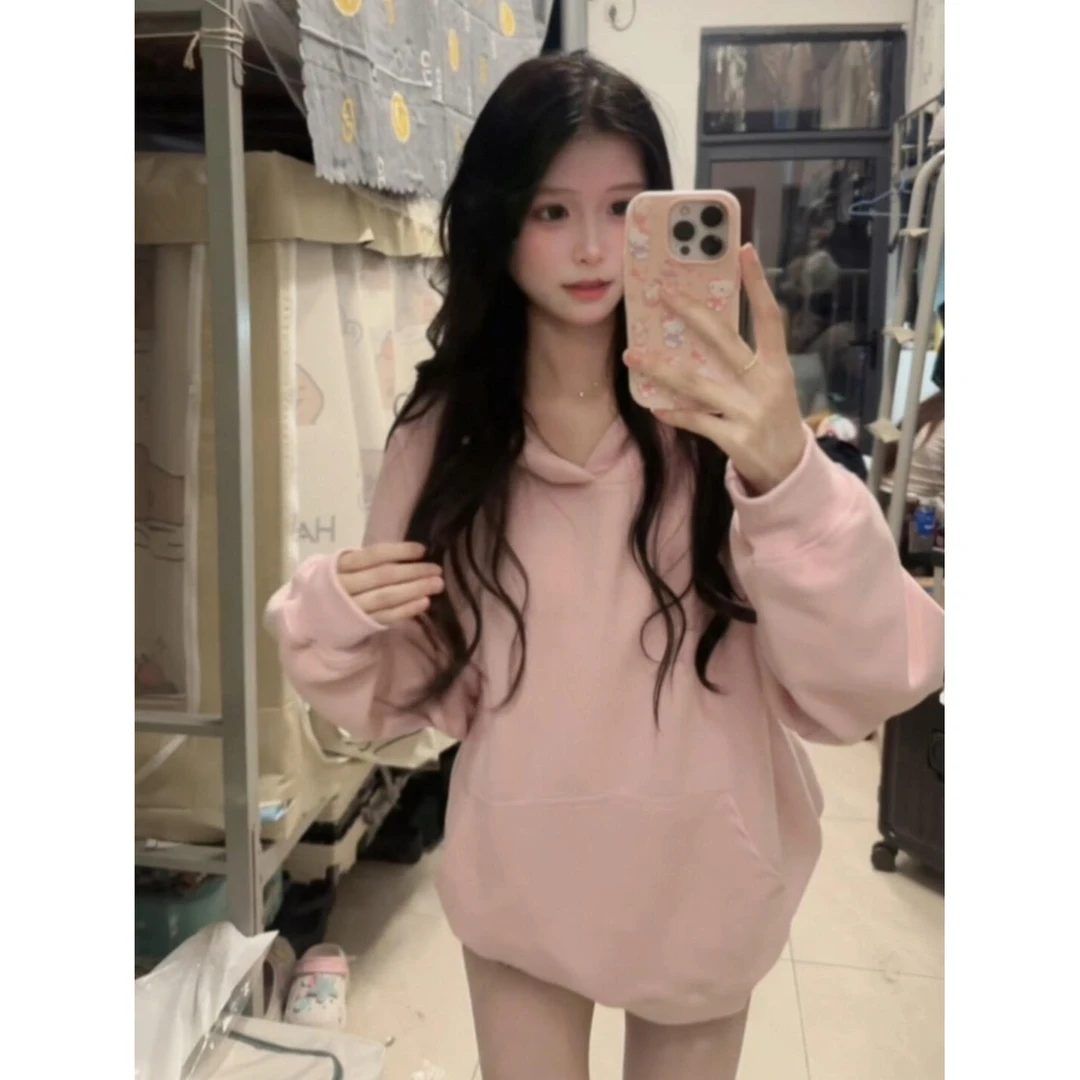 美式甜美设计感加绒加厚通勤百搭连帽卫衣女2025年秋冬情侣上衣