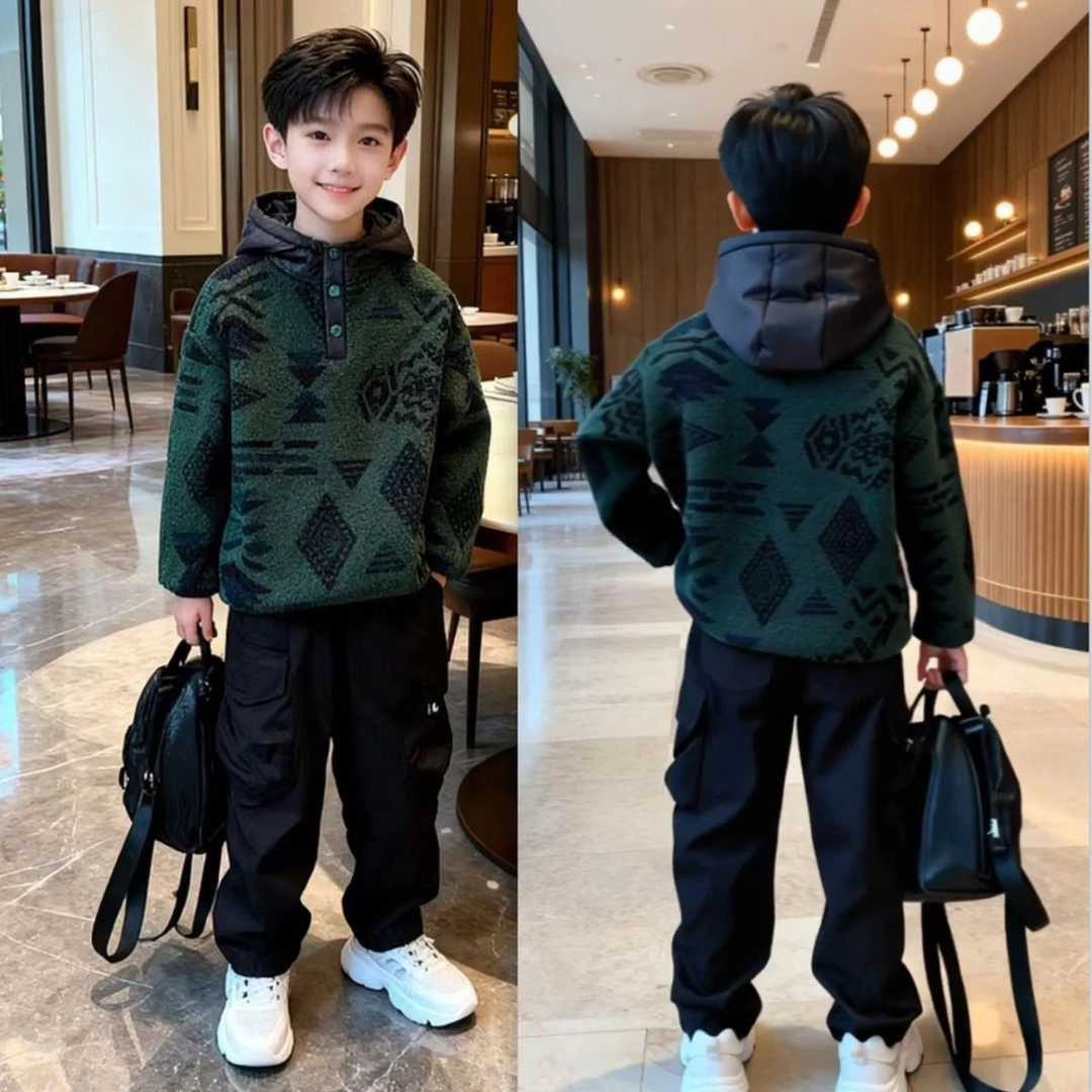男童冬季加绒加厚保暖摇粒绒连帽卫衣2025新款秋冬儿童中大童上衣