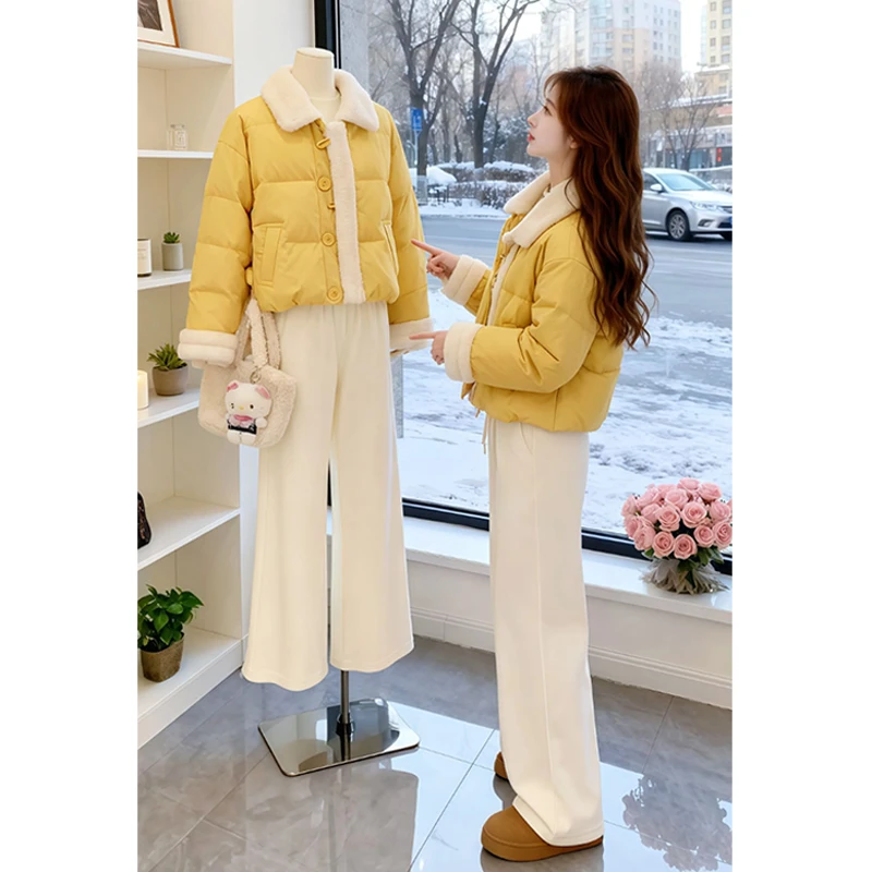 2025冬季翻领长袖棉服高腰纯色休闲裤两件套女时尚减龄百搭衣服