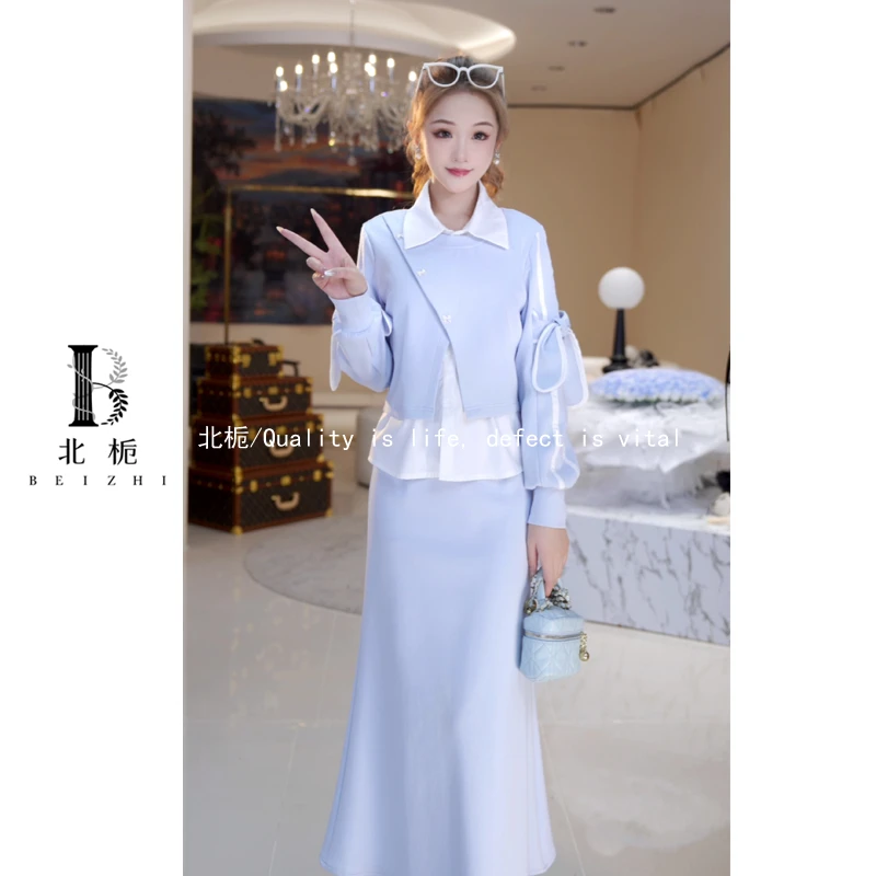 【兔耳朵蓝色】时尚衬衫假两件短裙长裤套装814949+813078+812991