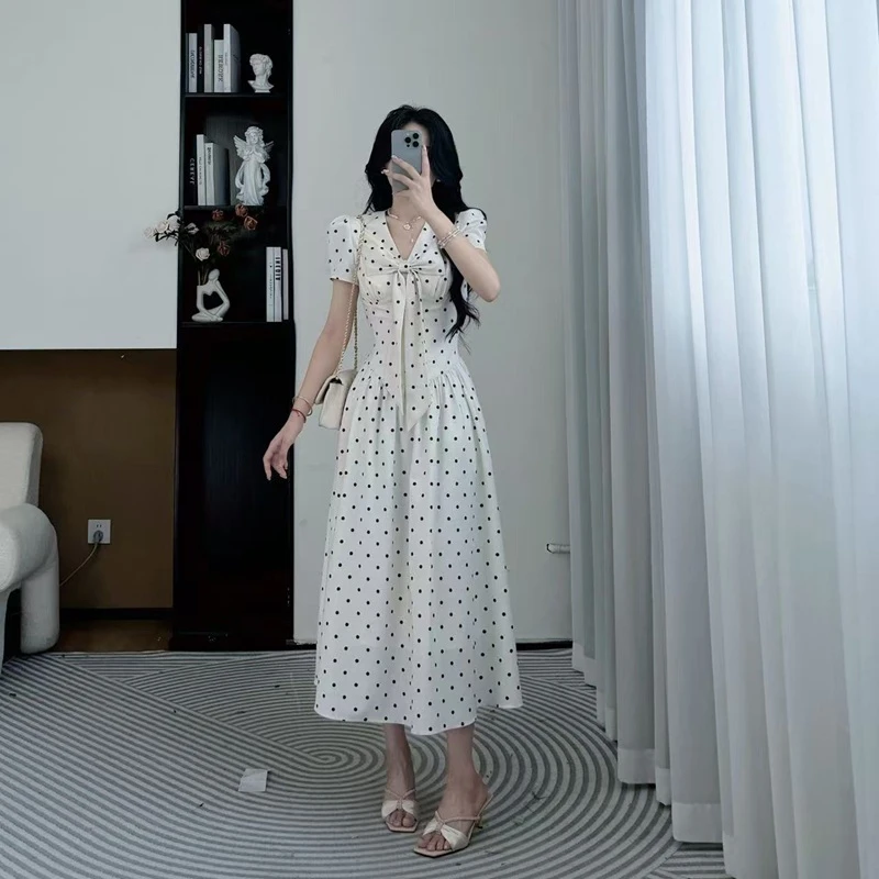 拉夏贝尔25夏季新多巴胺风格纯欲风显瘦波点收腰连衣裙 10472 SQC