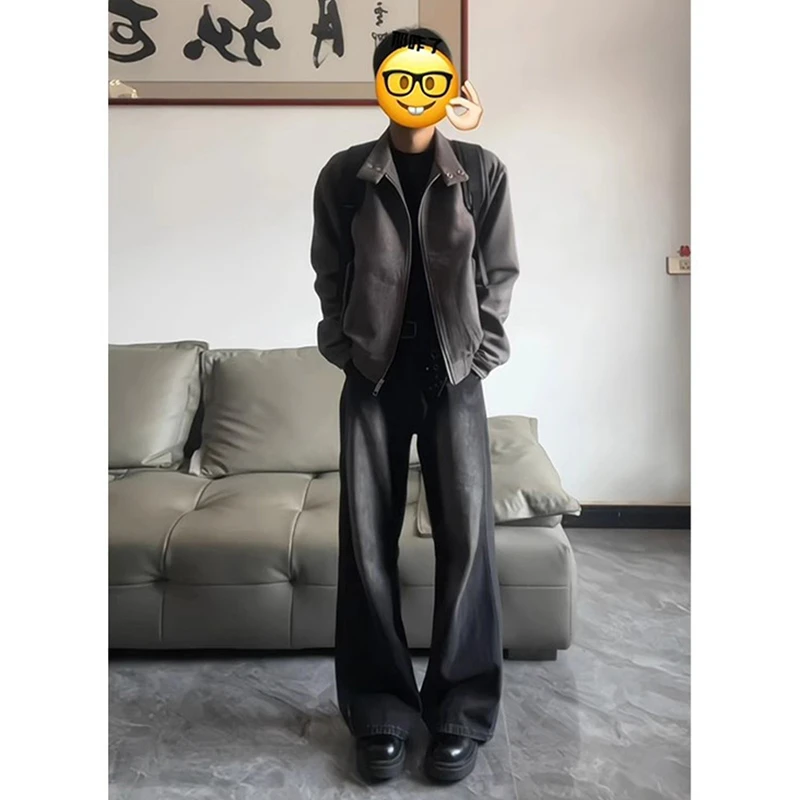 水洗黑灰色牛仔裤男款美式复古vibe裤子高街cleanfit直筒微喇长裤