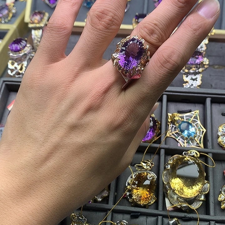 戒指银S925镀金镶嵌水晶