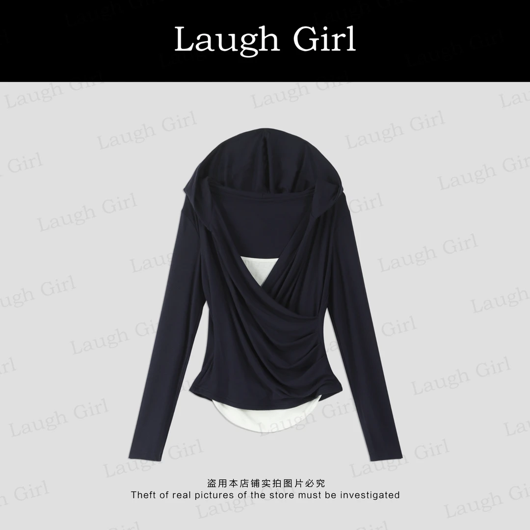 楚楚君 Laugh girl秀场同款【叠韵连帽】长袖显瘦打底T恤 TL53231J