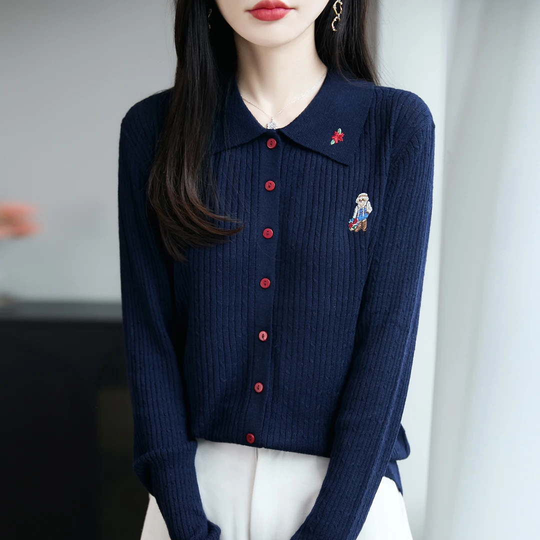 微胖mm春秋大码刺绣衬衫女士polo领毛衣遮肚子显瘦上衣针织打底衫