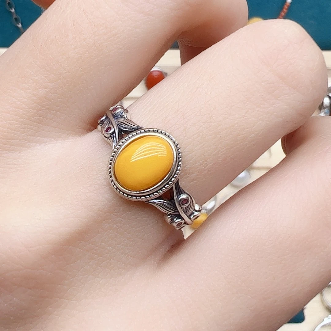 蜜蜡戒指银S925镶嵌，