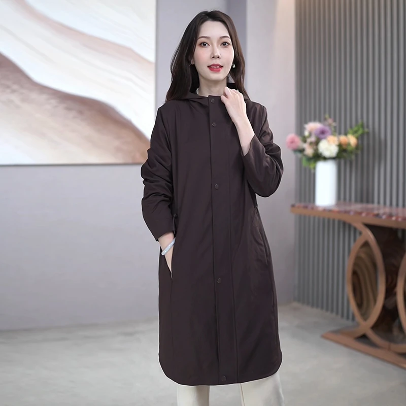 A32657阿吉多连帽长袖风衣外套女中长款秋冬简约高级大码休闲大衣