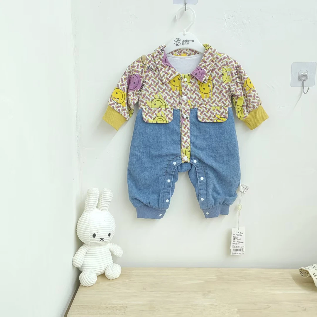 新款谷米熊花布牛仔拼接双层连体23806