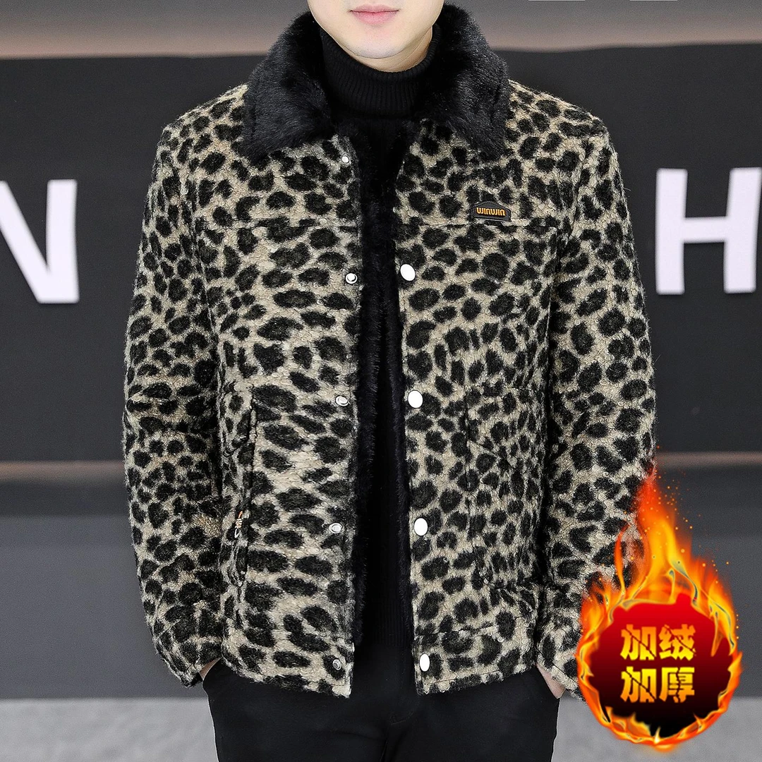 潮牌豹纹男士夹克外套男款秋冬季加绒加厚保暖休闲翻领呢子上衣服